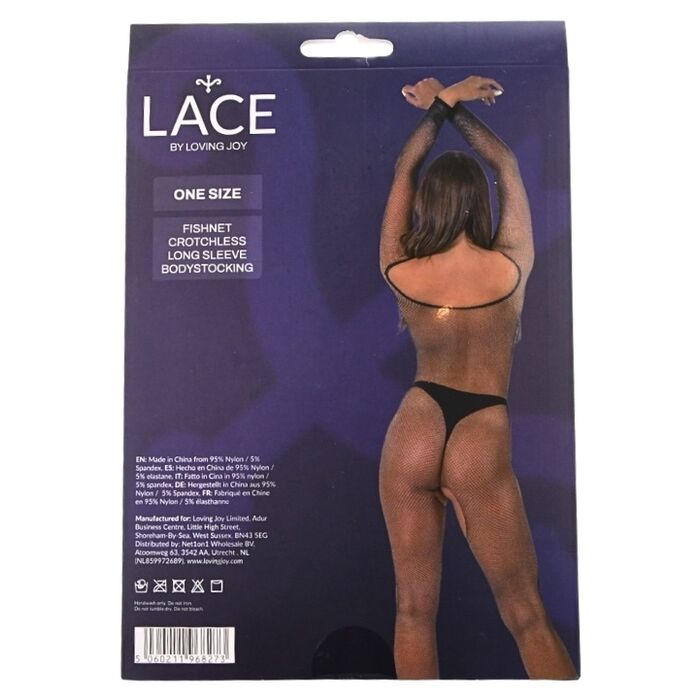 Bodystocking plasa Lace by LJ maneci lungi Negru, cutie vedere spate cu specificatii