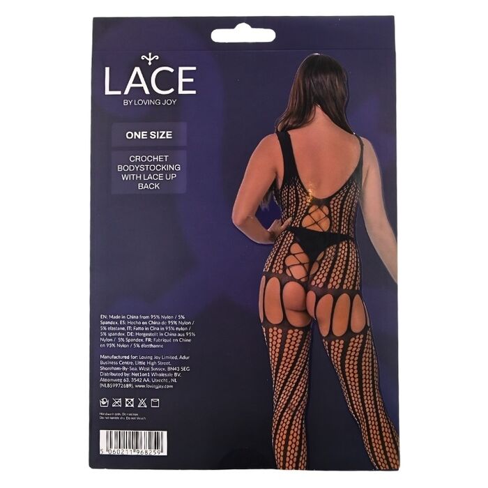 Bodystocking crosetat Lace by LJ Negru, cutie vedere spate cu specificatii