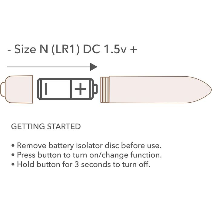 Mini Vibrator Rocks Off RO-80mm, infografic tip baterie N/LR1 si instructiuni de pornire