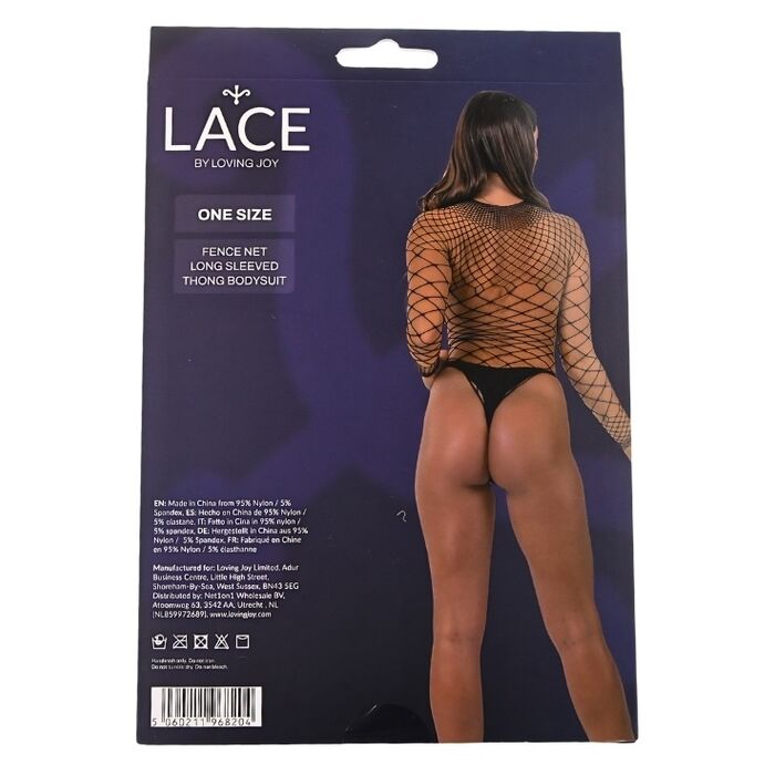 Lace by LJ Fence Net Long Sleeved Thong Bodysuit Black cutie spate
