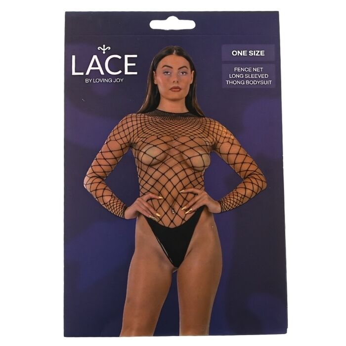 Lace by LJ Fence Net Long Sleeved Thong Bodysuit Black cutia