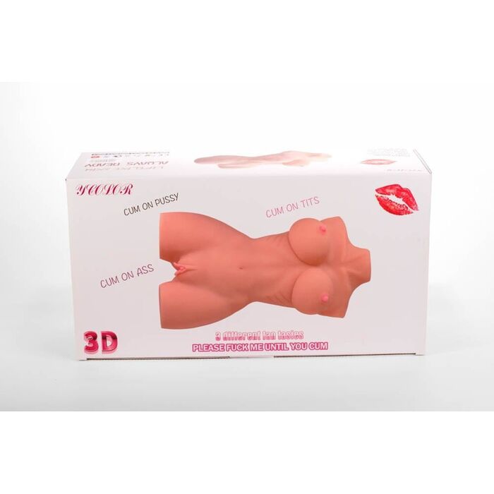 Masturbator 3D Dublu Orificiu cu Sani, TPE Natural, ambalaj cutie unghi