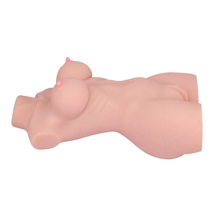 Masturbator 3D Dublu Orificiu cu Sani, TPE Natural, profil lateral