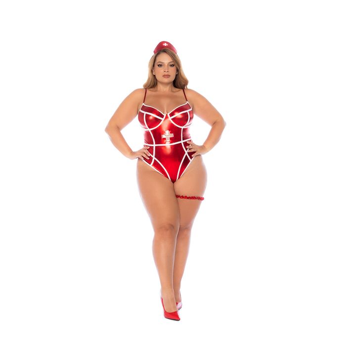 Mapale Costum Nurse Metalic, Rosu, vedere fata alternativa, cu jartiera si boneta