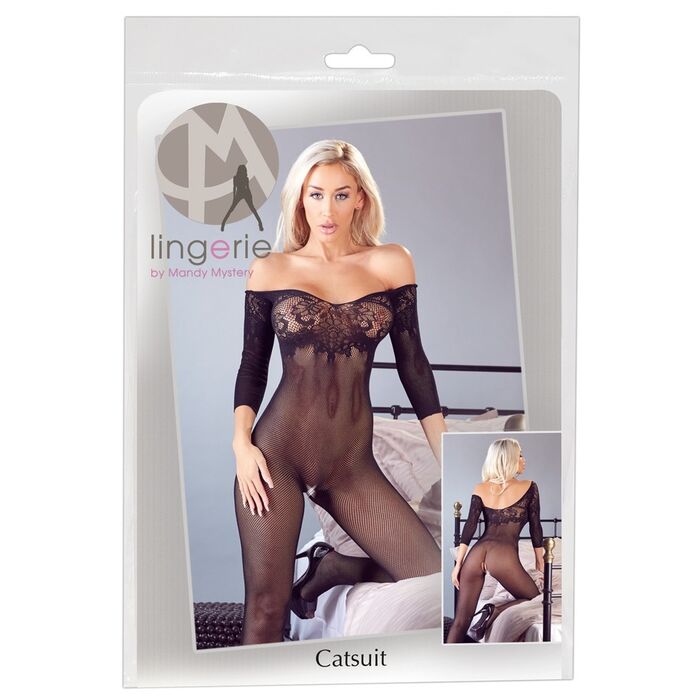 Body Mandy Mystery Line negru cu umeri goi, fara bretele, din plasa, S-L ambalaj