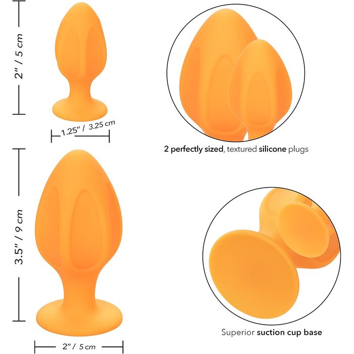 Set Dopuri Anale CalExotics Cheeky 2 Anal Plugs - Orange detalii dimensiuni