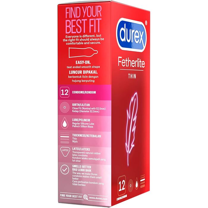 Prezervative Durex Fetherlite Thin, subtiri, lubrifiate, 12 buc. vedere laterala cutie