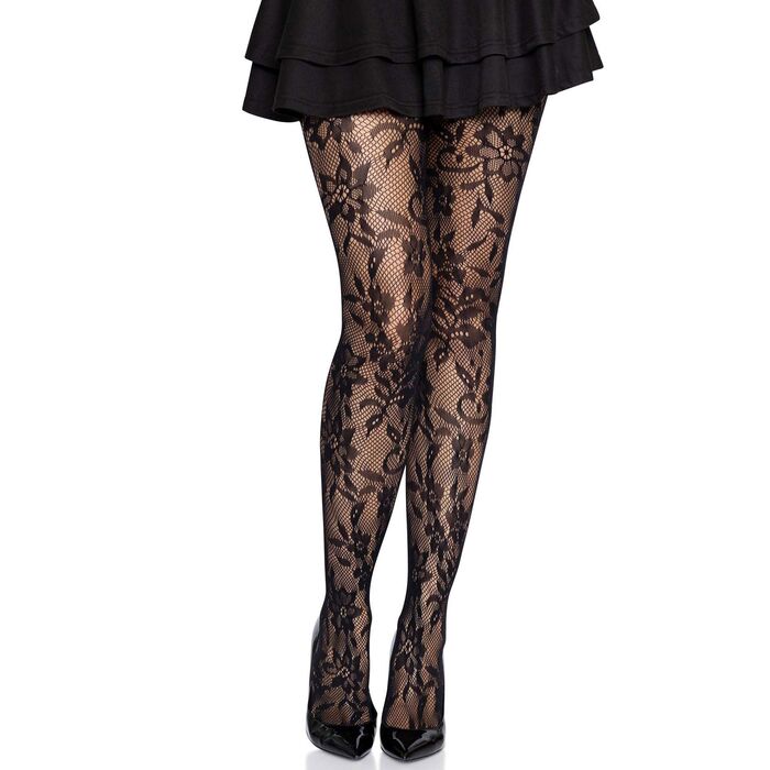 Seamless Floral Lace Pantyhose Negru - imagine 2