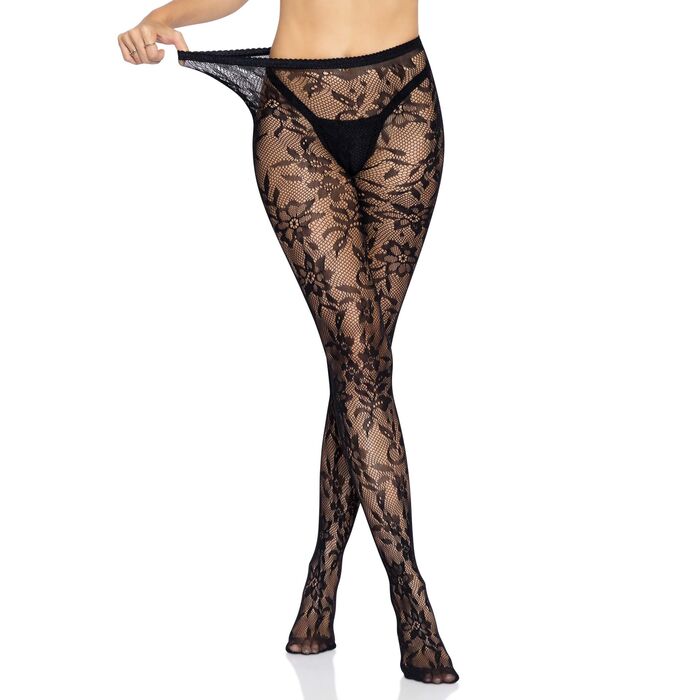 Dres Seamless Floral Lace Pantyhose, Leg Avenue, Negru, S-L