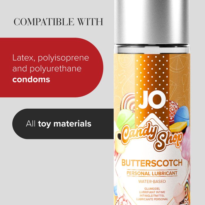 Compatibilitate JO Candy Shop Butterscotch: prezervative din latex, poliizopren si poliuretan, toate jucariile