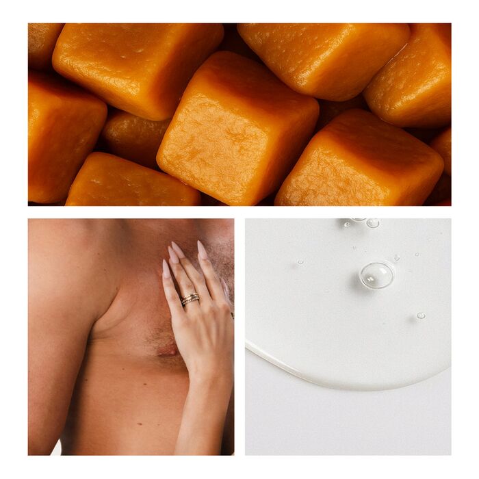 Colaj cu cuburi de caramel, o mana pe piele si textura lubrifiantului, System JO Candy Shop Butterscotch