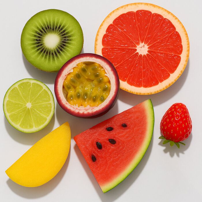 Fructe proaspete: kiwi, grepfrut, fructul pasiunii, lime, mango, pepene rosu si capsuna, aromele setului System JO Tri-Me Flavors