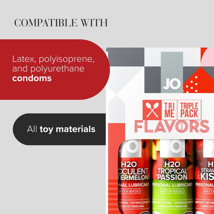 Compatibilitate System JO Tri-Me Flavors: prezervative din latex, poliizopren si poliuretan, toate materialele jucariilor