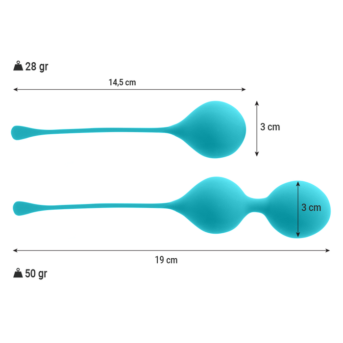 Diagrama cu dimensiuni: bila 28g de 14,5cm si setul dublu 50g de 19cm, ambele 3cm diametru