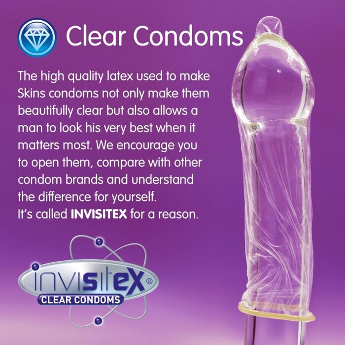 Detaliu Invisitex Clear Condoms pe fond mov, pentru Skins Extra Large
