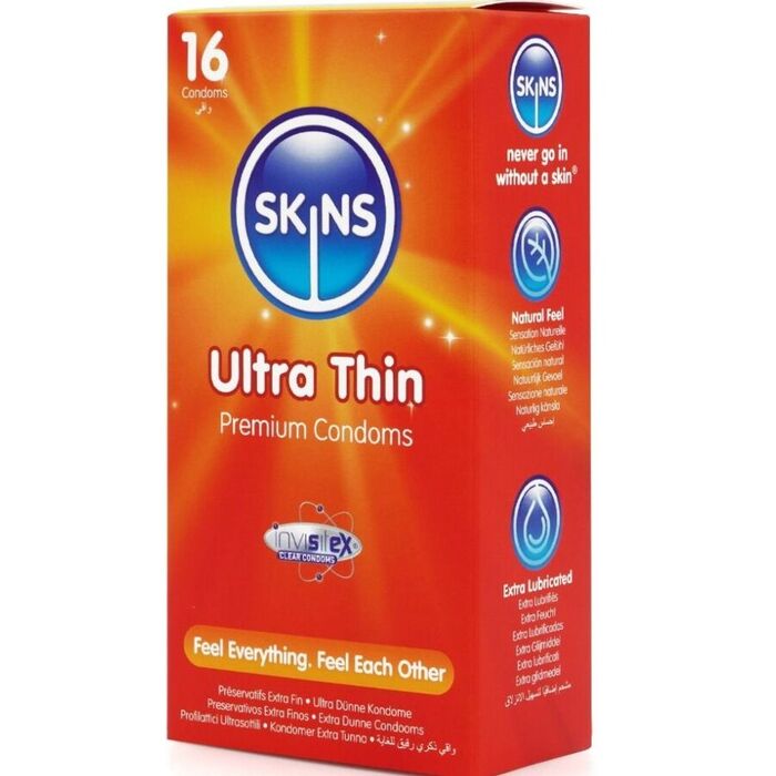 Cutia Skins Ultra Thin vazuta din unghi, cu pictograme Extra Lubricated