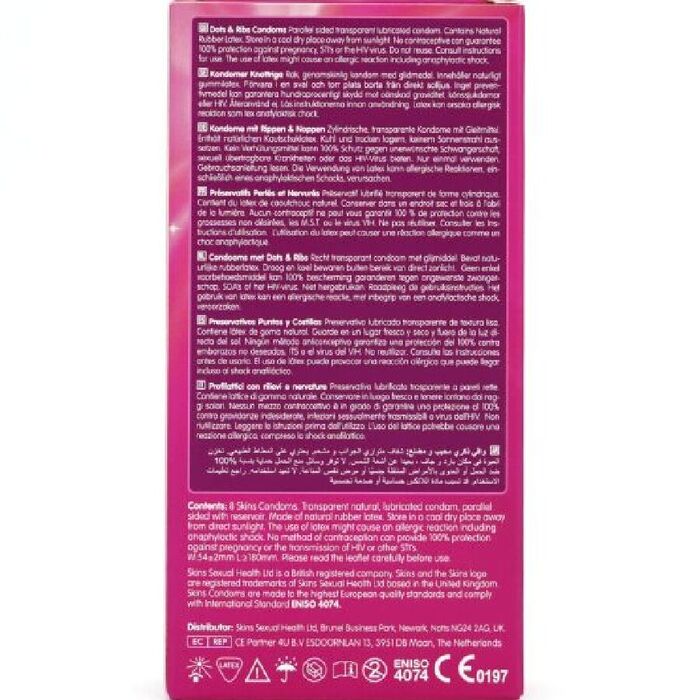 Verso cutiei Skins Dots and Ribs, cu instructiuni si certificari