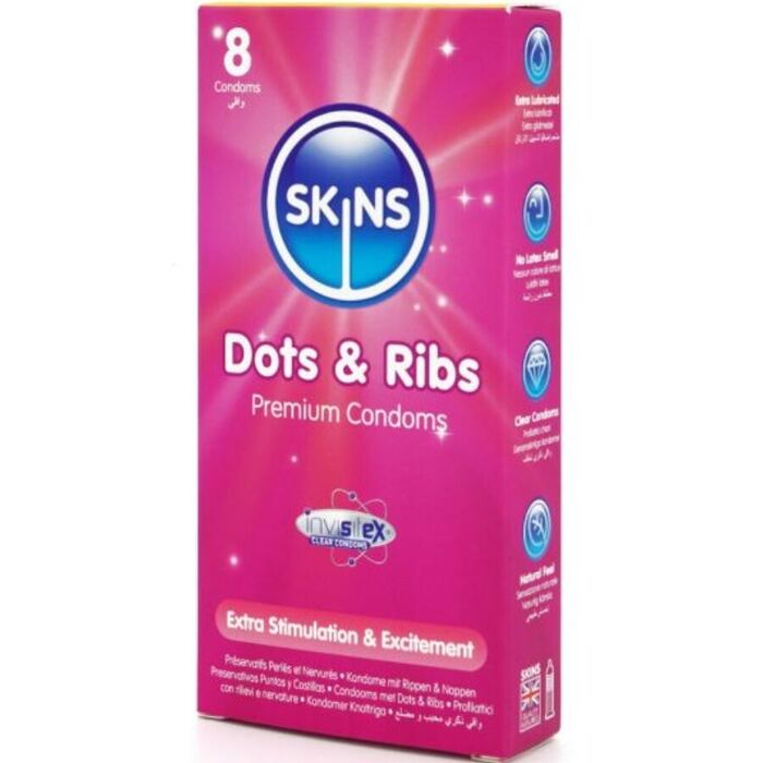 Cutia Skins Dots and Ribs vazuta din unghi, cu eticheta Fair Trade Latex