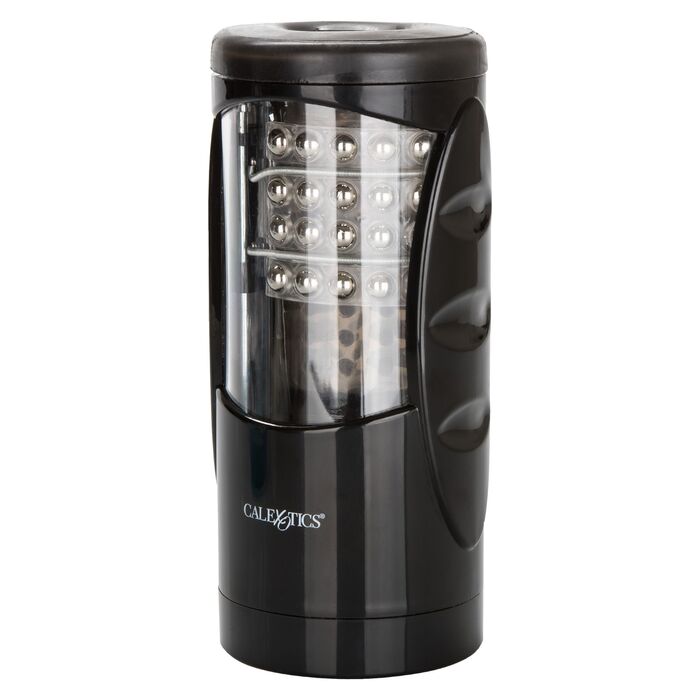 Masturbator cu bile si vibratie Ultimate Power Stroker CalExotics negru, vedere de ansamblu cu fereastra transparenta