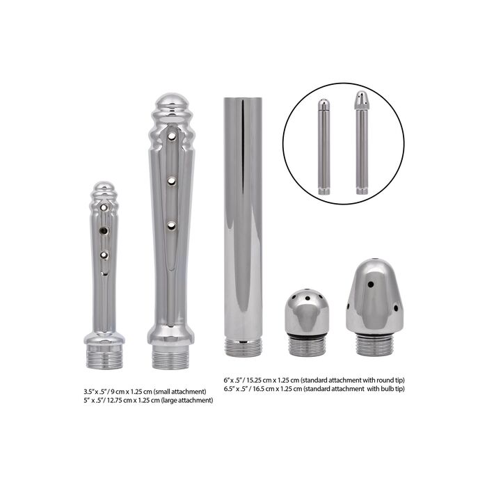 Sistem irigator intim cu furtun si 4 capete CalExotics argintiu, detaliu cap standard cu bulb