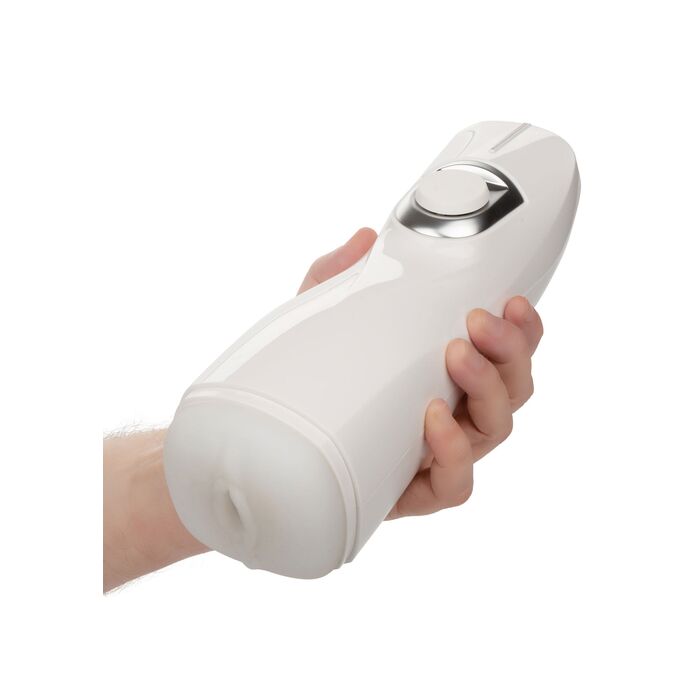 Masturbator automat cu vibratie si suctiune Lifelike Pulsar Stroker CalExotics alb, tinut in mana pentru scara reala