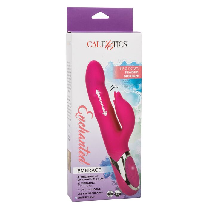 Vibrator rabbit cu bile si miscare ritmica Enchanted Embrace CalExotics roz, detaliu urechi iepuras