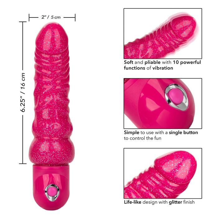Vibrator Flexibil cu Sclipici Lady Boner CalExotics, Glitter Roz dimensiuni