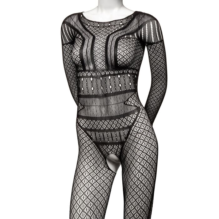 Body dres integral din plasa cu model geometric Scandal CalExotics negru, vedere din fata