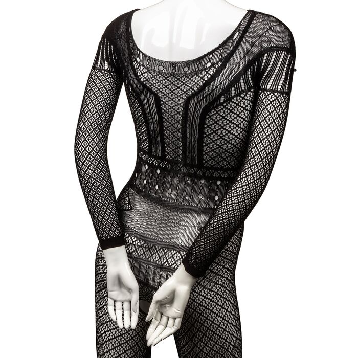 Body dres integral din plasa cu model geometric Scandal CalExotics negru, detaliu talie