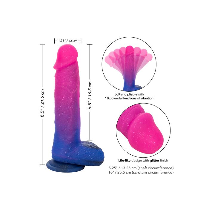 Dildo vibrator realist Ombre Hombre CalExotics roz-albastru, infografic dimensiuni si flexibilitate
