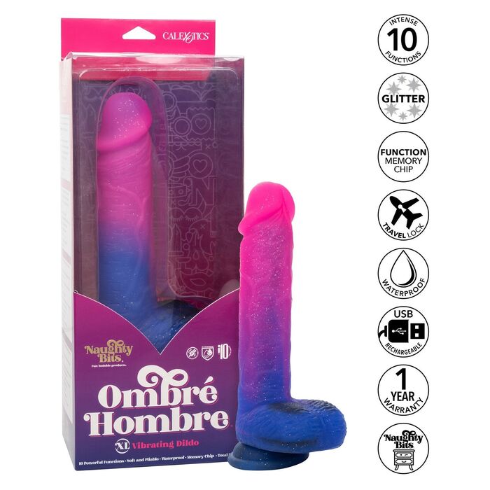 Dildo vibrator realist Ombre Hombre CalExotics roz-albastru, infografic 10 functii si reincarcare USB