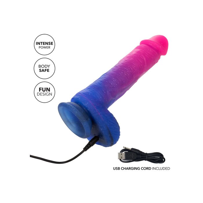 Dildo vibrator realist Ombre Hombre CalExotics roz-albastru, detaliu port incarcare USB la baza
