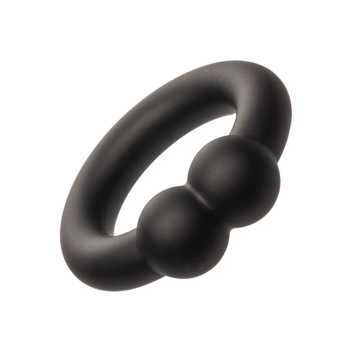 Inel penis din silicon lichid cu bilute Alpha Muscle Ring CalExotics negru, vedere de ansamblu