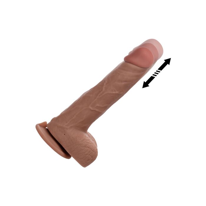 Dildo vibrator realist cu impingere The Thrusting Jack Hammer CalExotics caramel, vedere laterala cu curbura tijei