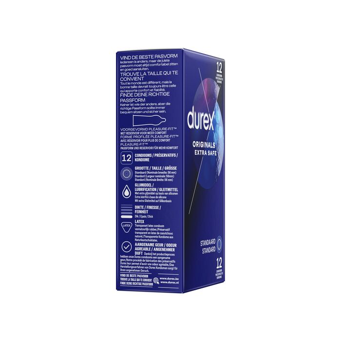 Cutia Durex Extra Safe vazuta din lateral, cu pictograme de utilizare