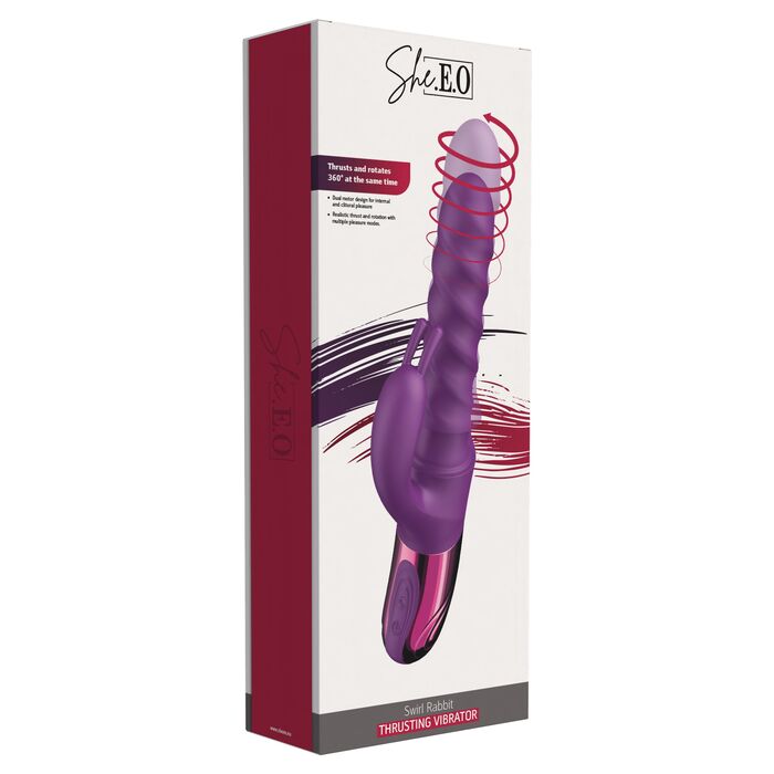 Vibrator rabbit cu rotatie si impingere Swirl She.E.O mov, detaliu urechi iepuras