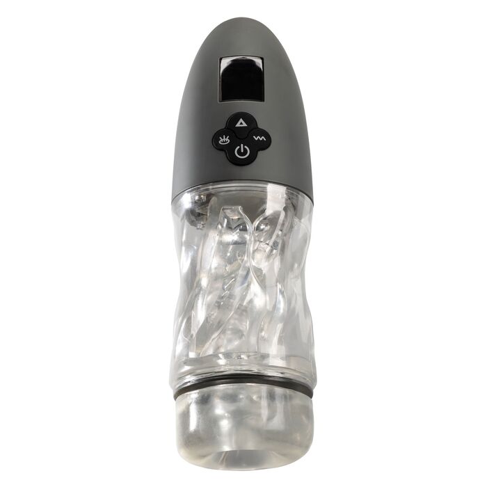 Masturbator automat transparent cu vibratie si suctiune Extreme Milker CalExotics, vedere de ansamblu cu manson vizibil