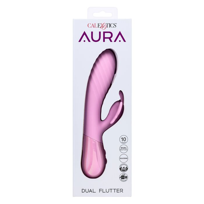 Vibrator dublu cu fluture Aura Dual Flutter CalExotics roz, detaliu tija striata
