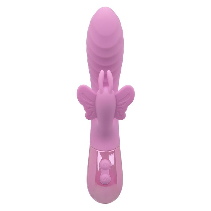 Vibrator dublu cu fluture Aura Dual Flutter CalExotics roz, detaliu stimulator fluture