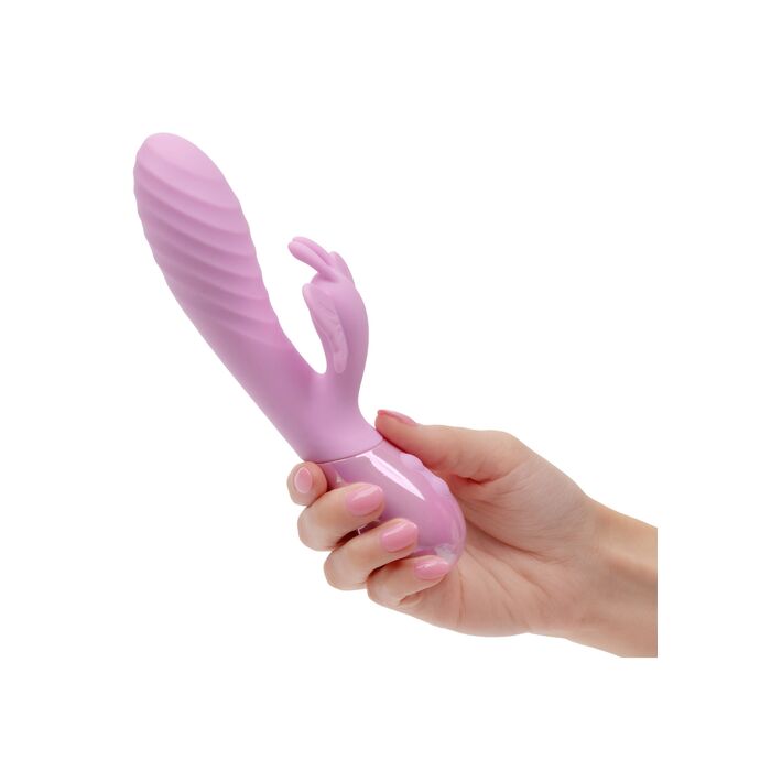 Vibrator dublu cu fluture Aura Dual Flutter CalExotics roz, vedere completa