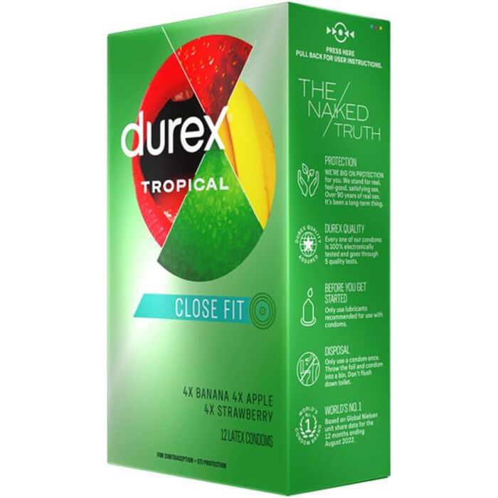 Durex Tropical Flavored Condoms, Natural Rubber Latex Lubricate Condoms for Men, Exciting Banana, Apple & Strawberry Tasty Flavors 12 Count fotografie cutie