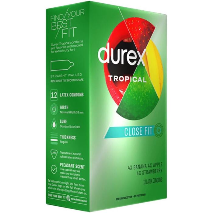 Durex Tropical Flavored Condoms, Natural Rubber Latex Lubricate Condoms for Men, Exciting Banana, Apple & Strawberry Tasty Flavors 12 Count imagine
