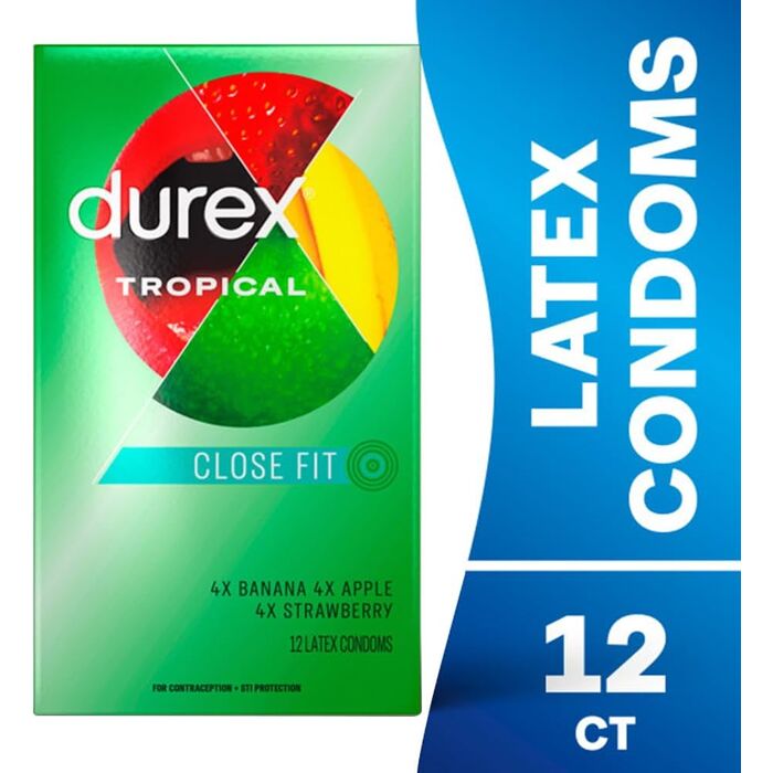 Prezervative cu Arome de Fructe Durex "Tropical Mix Pleasure Fruits" 12 Bucati