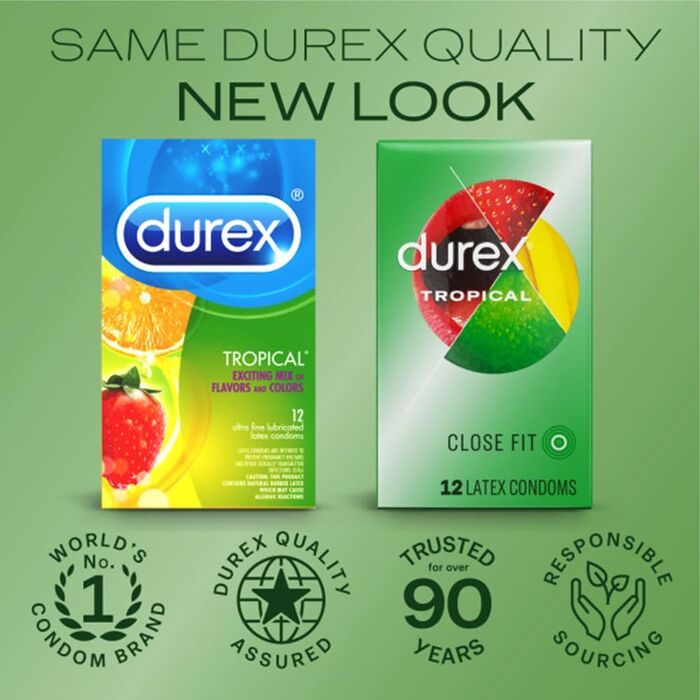 Durex Tropical Flavored Condoms, Natural Rubber Latex Lubricate Condoms for Men, Exciting Banana, Apple & Strawberry Tasty Flavors 12 pcs