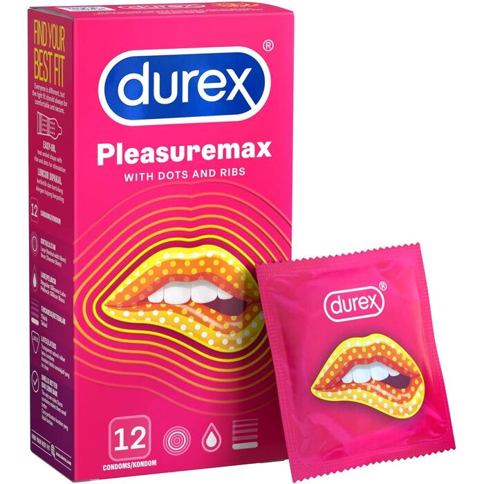 Cutia Durex Pleasuremax With Dots and Ribs, pachet de 12 prezervative
