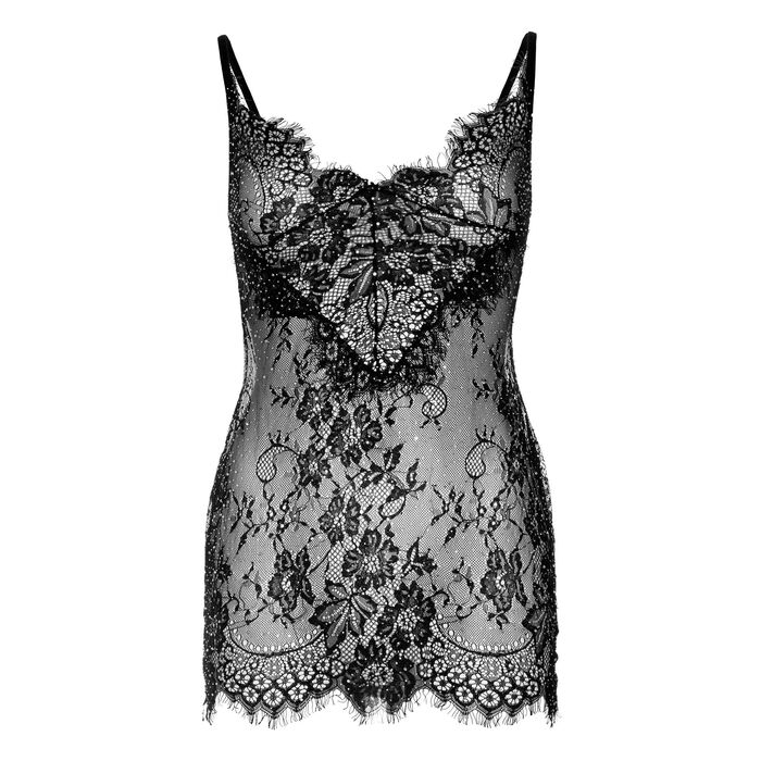 Rochie mini din dantela cu strasuri si string Leg Avenue negru, detaliu cupe cu dantela