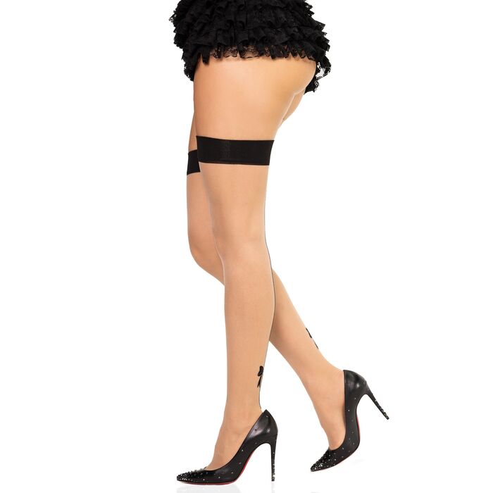 Ciorapi hold-up nude cu cusatura neagra si fundita Leg Avenue, detaliu fundita la glezna