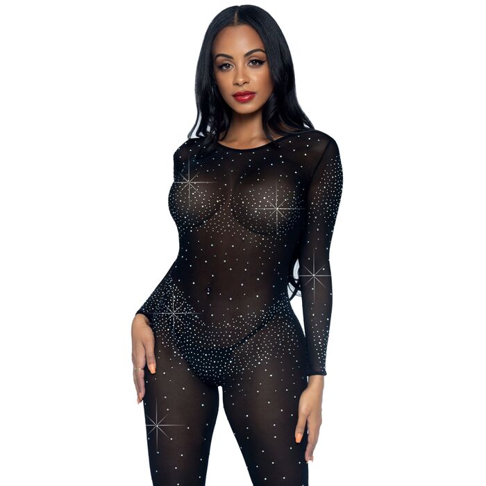 Catsuit transparent cu strasuri Leg Avenue negru, vedere din fata