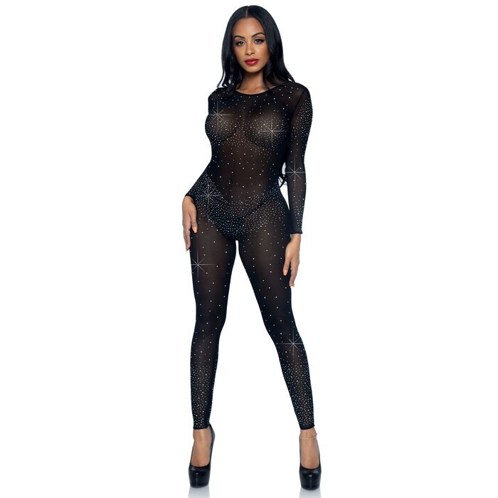 Catsuit transparent cu strasuri Leg Avenue negru, vedere completa
