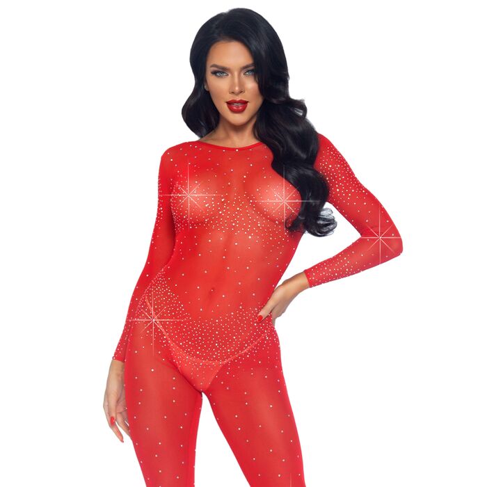 Catsuit transparent cu strasuri Leg Avenue rosu, vedere din fata